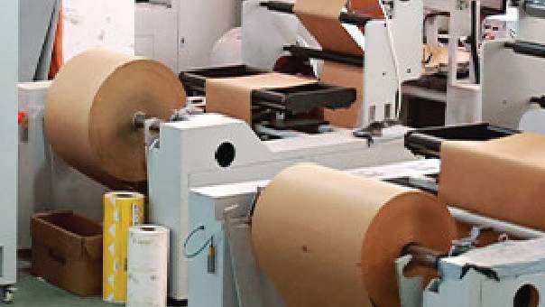 Paper converting machinery with reels of kraft paper inside the factory